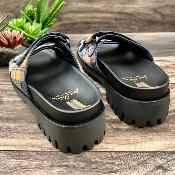 NIB Sam Edelman Eliana Two Strap Lug Sole Slide Sandal Mustard Plaid